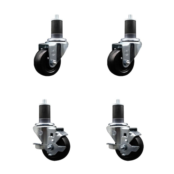 3'' Soft Rubber Wheel Swivel 1-5/8'' Expanding Stem Caster Set 2 Brakes, 4PK